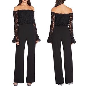Adrianna Papell Off the Shoulder Crepe Jumpsuit with Lace Bodice in Black